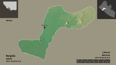 Liberya ve başkenti Margibi 'nin şekli. Uzaklık ölçeği, ön gösterimler ve etiketler. Topografik yardım haritası. 3B görüntüleme