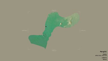 Liberya 'nın Margibi ilçesi bir jeoreferatlı sınır kutusunda sağlam bir arka planda izole edilmiş. Etiketler. Topografik yardım haritası. 3B görüntüleme