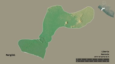Liberya 'nın Margibi ilçesi, başkenti sağlam bir zemin üzerinde izole edilmiştir. Uzaklık ölçeği, bölge önizlemesi ve etiketleri. Topografik yardım haritası. 3B görüntüleme