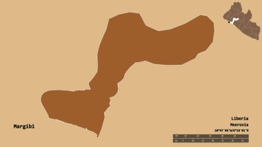 Liberya 'nın Margibi ilçesi, başkenti sağlam bir zemin üzerinde izole edilmiştir. Uzaklık ölçeği, bölge önizlemesi ve etiketleri. Desenli dokuların bileşimi. 3B görüntüleme