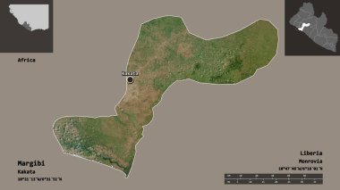 Liberya ve başkenti Margibi 'nin şekli. Uzaklık ölçeği, ön gösterimler ve etiketler. Uydu görüntüleri. 3B görüntüleme