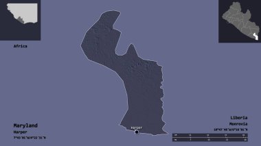 Maryland 'in şekli, Liberya vilayeti ve başkenti. Uzaklık ölçeği, ön gösterimler ve etiketler. Renkli yükseklik haritası. 3B görüntüleme