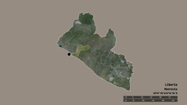 Başkenti, ana bölgesel bölümü ve ayrılan Margibi bölgesiyle Liberya 'nın dejenere edilmiş şekli. Etiketler. Uydu görüntüleri. 3B görüntüleme