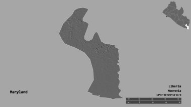 Maryland 'in şekli, Liberya eyaleti, başkenti sağlam arka planda izole edilmiş. Uzaklık ölçeği, bölge önizlemesi ve etiketleri. Çift seviyeli yükseklik haritası. 3B görüntüleme