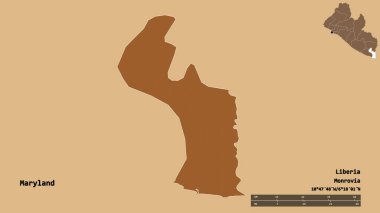Maryland 'in şekli, Liberya eyaleti, başkenti sağlam arka planda izole edilmiş. Uzaklık ölçeği, bölge önizlemesi ve etiketleri. Desenli dokuların bileşimi. 3B görüntüleme