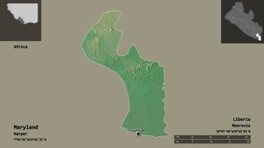 Maryland 'in şekli, Liberya vilayeti ve başkenti. Uzaklık ölçeği, ön gösterimler ve etiketler. Topografik yardım haritası. 3B görüntüleme