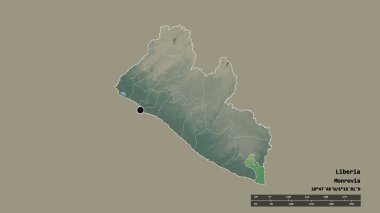Başkenti, ana bölgesel bölümü ve ayrılmış Maryland bölgesiyle Liberya 'nın dejenere bir şekli. Etiketler. Topografik yardım haritası. 3B görüntüleme