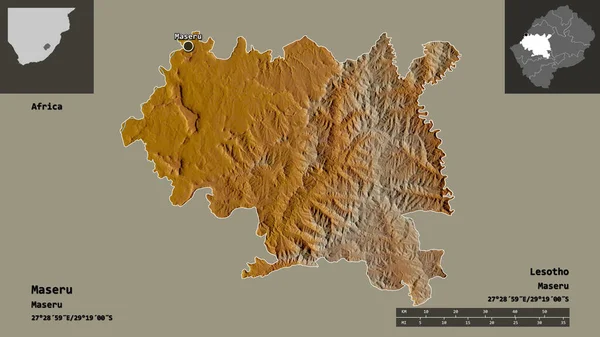 Maseru 'nun şekli, Lesotho bölgesi ve başkenti. Uzaklık ölçeği, ön gösterimler ve etiketler. Topografik yardım haritası. 3B görüntüleme
