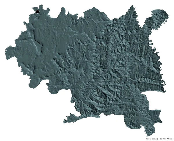 Maseru, Lesotho bölgesi, başkenti beyaz arka planda izole edilmiş. Renkli yükseklik haritası. 3B görüntüleme
