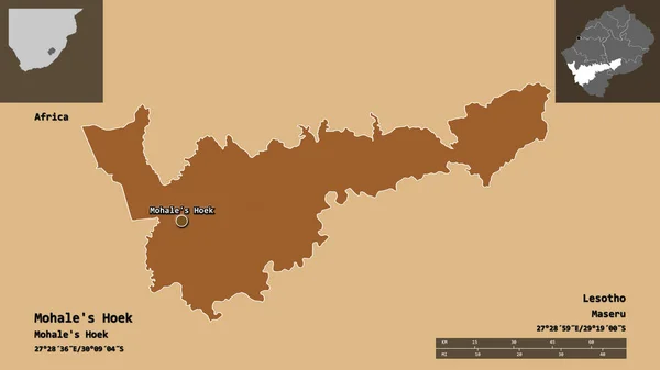 モヒールのフック レソト地区 首都の形 距離スケール プレビューおよびラベル パターン化されたテクスチャの構成 3Dレンダリング — ストック写真