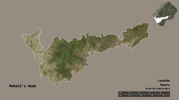 莱索托地区Mohale Hoek的形状 其首都在坚实的背景下与世隔绝 距离尺度 区域预览和标签 卫星图像 3D渲染 — 图库照片