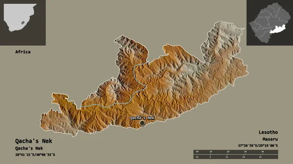 Qacha 'nın Nek' i, Lesotho bölgesi ve başkenti. Uzaklık ölçeği, ön gösterimler ve etiketler. Topografik yardım haritası. 3B görüntüleme