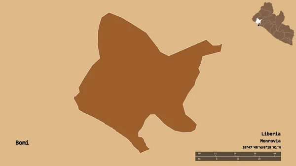Форма Бомі Графство Ліберія Столицею Ізольованою Твердому Тлі Масштаб Відстаней — стокове фото