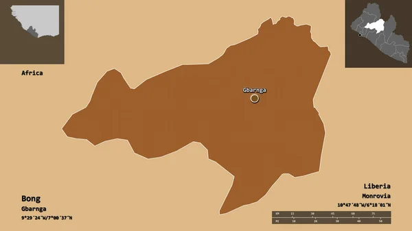 利比里亚邦 Bong 的形状及其首府 距离刻度 预览和标签 图形纹理的组成 3D渲染 — 图库照片