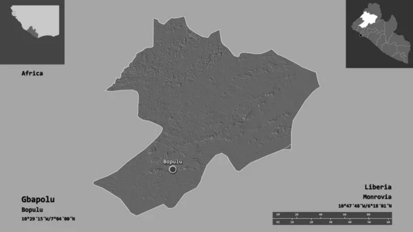 リベリアの郡とその首都の形をしたGbapolu 距離スケール プレビューおよびラベル 標高マップ 3Dレンダリング — ストック写真