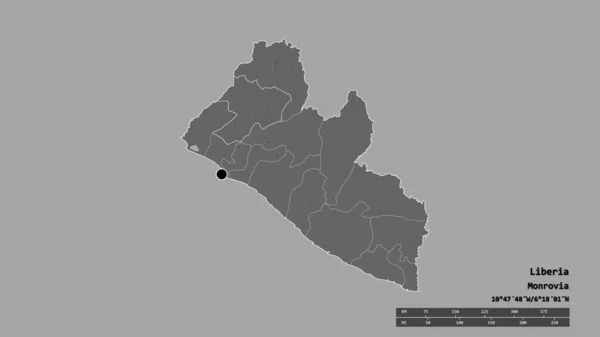 Desaturerad Form Liberia Med Dess Huvudstad Huvudsakliga Regionala Indelning Och — Stockfoto