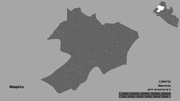 リベリアの郡であるガポーの形で その首都はしっかりとした背景に隔離されています 距離スケール リージョンプレビュー およびラベル 標高マップ 3Dレンダリング — ストック写真