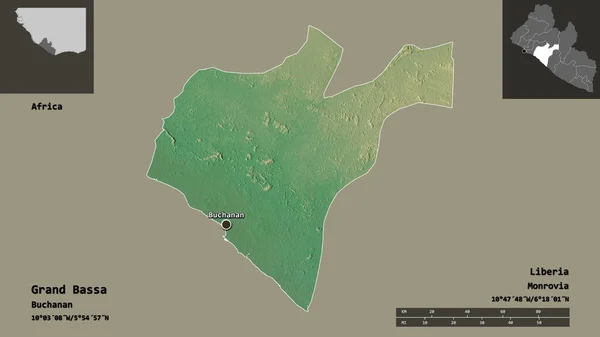 利比里亚大巴萨州的形状及其首府 距离刻度 预览和标签 地形浮雕图 3D渲染 — 图库照片