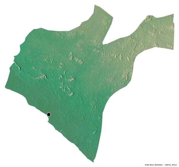 リベリアの郡であるグランド バサの形で その首都は白い背景に孤立している 地形図 3Dレンダリング — ストック写真