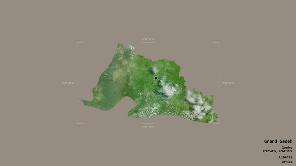 リベリアの郡グランド ゲデフ 英語版 の地域は 洗練された境界線の箱の中にしっかりとした背景に孤立していた ラベル 衛星画像 3Dレンダリング — ストック写真