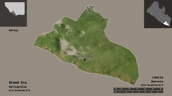 利比里亚大克鲁州的形状及其首府 距离刻度 预览和标签 卫星图像 3D渲染 — 图库照片