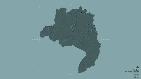 リベリア共和国のロファ県の地域は 洗練された境界線の箱の中にしっかりとした背景に隔離されています ラベル 色の標高マップ 3Dレンダリング — ストック写真