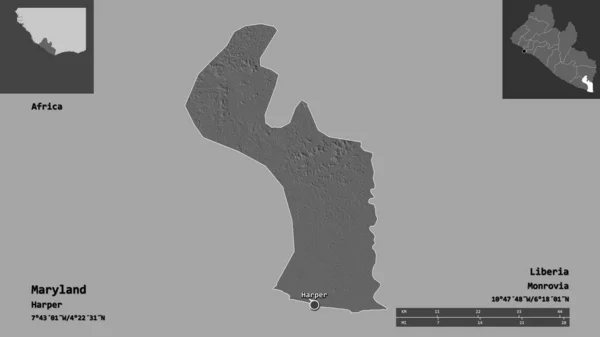 メリーランド州 リベリアの郡とその首都の形 距離スケール プレビューおよびラベル 標高マップ 3Dレンダリング — ストック写真