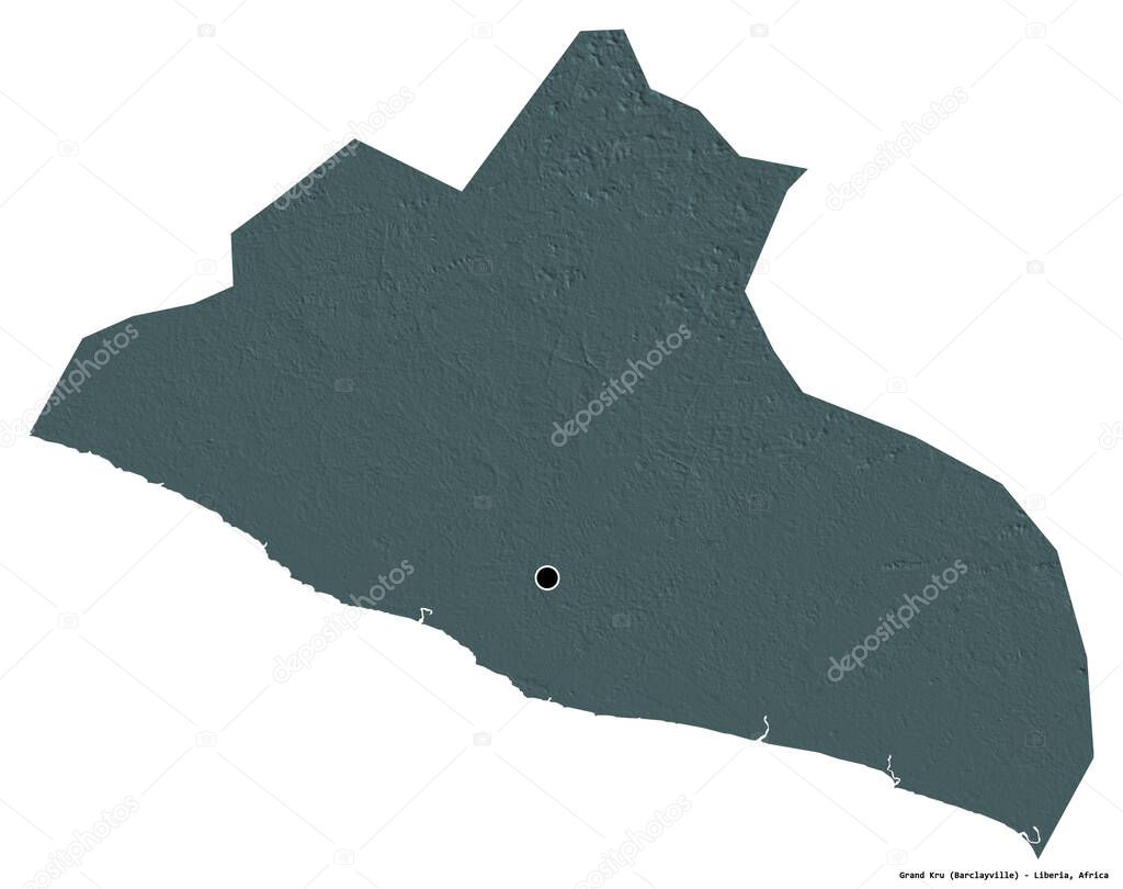 Shape of Grand Kru, county of Liberia, with its capital isolated on white background. Colored elevation map. 3D rendering