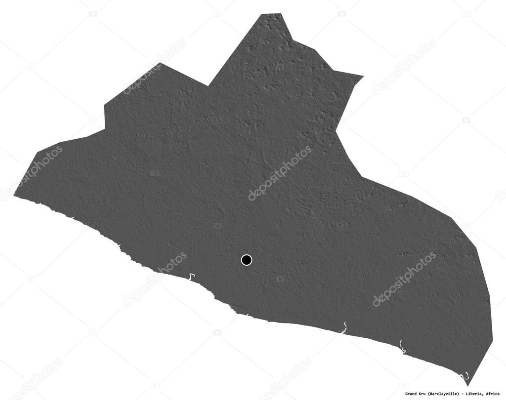 Shape of Grand Kru, county of Liberia, with its capital isolated on white background. Bilevel elevation map. 3D rendering