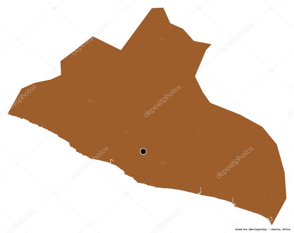 Shape of Grand Kru, county of Liberia, with its capital isolated on white background. Composition of patterned textures. 3D rendering