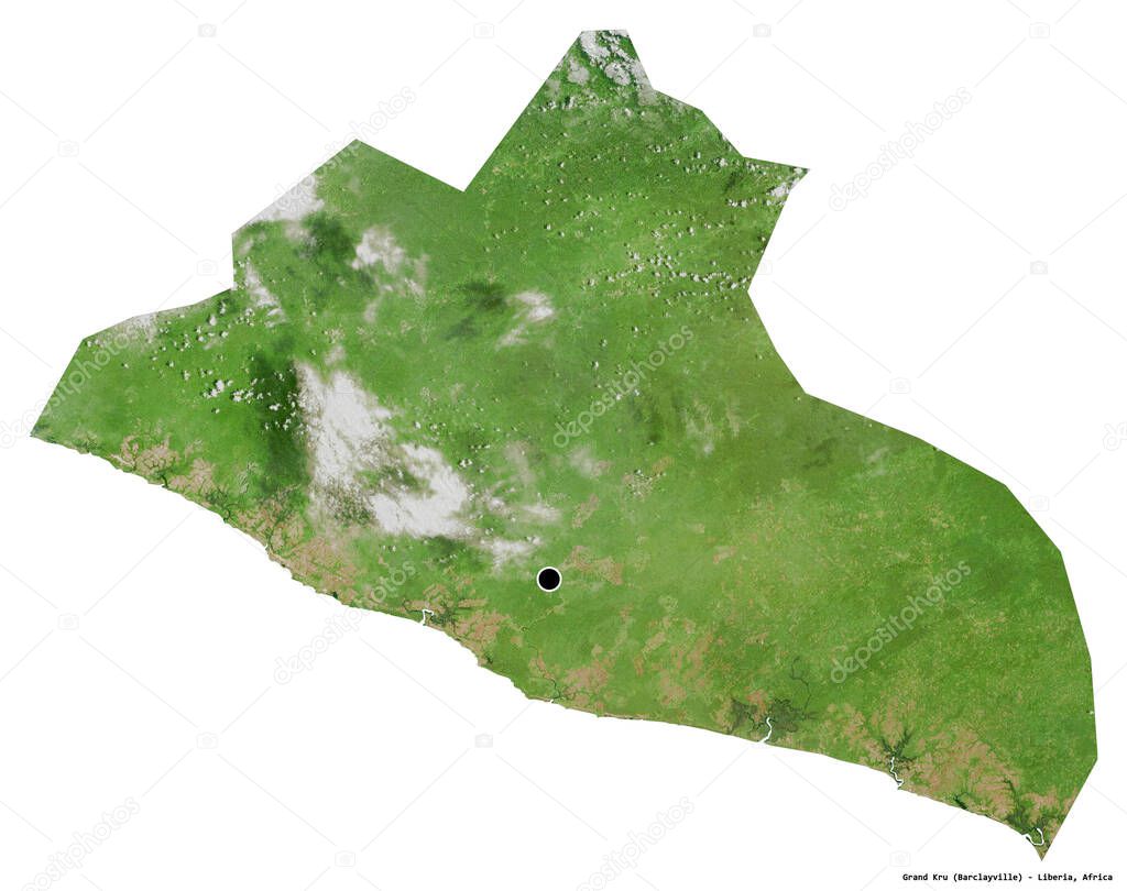 Shape of Grand Kru, county of Liberia, with its capital isolated on white background. Satellite imagery. 3D rendering