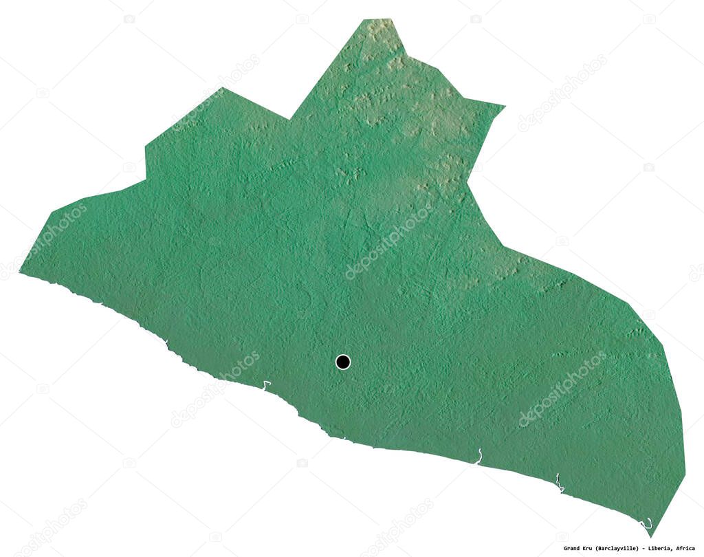 Shape of Grand Kru, county of Liberia, with its capital isolated on white background. Topographic relief map. 3D rendering