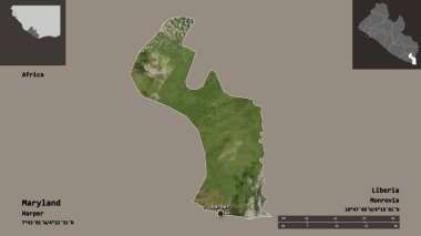 Maryland 'in şekli, Liberya vilayeti ve başkenti. Uzaklık ölçeği, ön gösterimler ve etiketler. Uydu görüntüleri. 3B görüntüleme