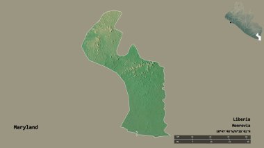 Maryland 'in şekli, Liberya eyaleti, başkenti sağlam arka planda izole edilmiş. Uzaklık ölçeği, bölge önizlemesi ve etiketleri. Topografik yardım haritası. 3B görüntüleme