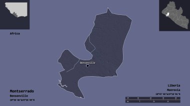 Montserrado 'nun şekli, Liberya vilayeti ve başkenti. Uzaklık ölçeği, ön gösterimler ve etiketler. Renkli yükseklik haritası. 3B görüntüleme