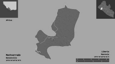 Montserrado 'nun şekli, Liberya vilayeti ve başkenti. Uzaklık ölçeği, ön gösterimler ve etiketler. Çift seviyeli yükseklik haritası. 3B görüntüleme