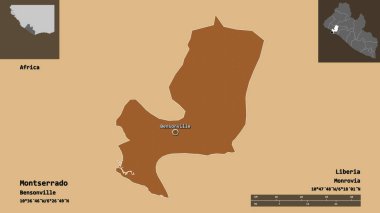 Montserrado 'nun şekli, Liberya vilayeti ve başkenti. Uzaklık ölçeği, ön gösterimler ve etiketler. Desenli dokuların bileşimi. 3B görüntüleme