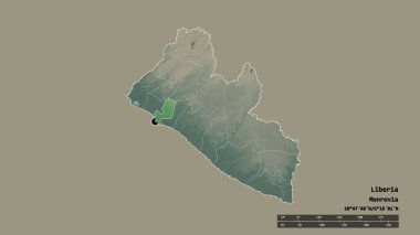 Başkenti, ana bölgesel bölümü ve ayrılmış Montserrado bölgesi ile Liberya 'nın dejenere edilmiş şekli. Etiketler. Topografik yardım haritası. 3B görüntüleme