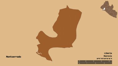 Liberya 'nın Montserrado ilçesi, başkenti sağlam bir zemin üzerinde izole edilmiştir. Uzaklık ölçeği, bölge önizlemesi ve etiketleri. Desenli dokuların bileşimi. 3B görüntüleme