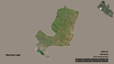 Liberya 'nın Montserrado ilçesi, başkenti sağlam bir zemin üzerinde izole edilmiştir. Uzaklık ölçeği, bölge önizlemesi ve etiketleri. Uydu görüntüleri. 3B görüntüleme