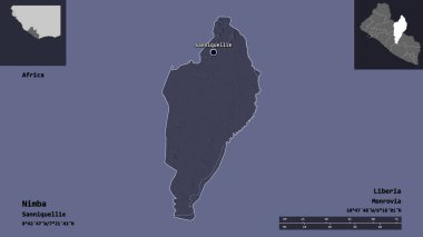 Liberya 'nın Nimba ilçesi ve başkenti. Uzaklık ölçeği, ön gösterimler ve etiketler. Renkli yükseklik haritası. 3B görüntüleme