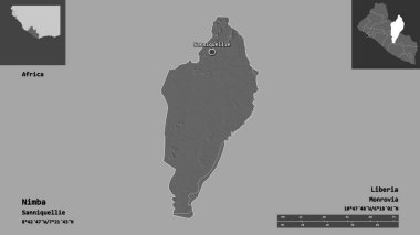 Liberya 'nın Nimba ilçesi ve başkenti. Uzaklık ölçeği, ön gösterimler ve etiketler. Çift seviyeli yükseklik haritası. 3B görüntüleme