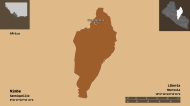 Liberya 'nın Nimba ilçesi ve başkenti. Uzaklık ölçeği, ön gösterimler ve etiketler. Desenli dokuların bileşimi. 3B görüntüleme