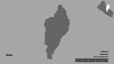 Liberya 'nın Nimba ilçesi, başkenti katı bir zemin üzerinde izole edilmiştir. Uzaklık ölçeği, bölge önizlemesi ve etiketleri. Çift seviyeli yükseklik haritası. 3B görüntüleme