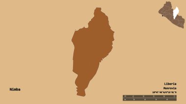 Liberya 'nın Nimba ilçesi, başkenti katı bir zemin üzerinde izole edilmiştir. Uzaklık ölçeği, bölge önizlemesi ve etiketleri. Desenli dokuların bileşimi. 3B görüntüleme