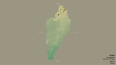 Liberya 'nın Nimba ilçesi, jeoreferatlı bir sınır kutusunda sağlam bir arka planda izole edilmiş. Etiketler. Topografik yardım haritası. 3B görüntüleme