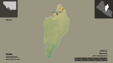 Liberya 'nın Nimba ilçesi ve başkenti. Uzaklık ölçeği, ön gösterimler ve etiketler. Topografik yardım haritası. 3B görüntüleme