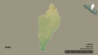 Liberya 'nın Nimba ilçesi, başkenti katı bir zemin üzerinde izole edilmiştir. Uzaklık ölçeği, bölge önizlemesi ve etiketleri. Topografik yardım haritası. 3B görüntüleme