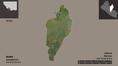 Liberya 'nın Nimba ilçesi ve başkenti. Uzaklık ölçeği, ön gösterimler ve etiketler. Uydu görüntüleri. 3B görüntüleme