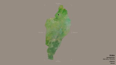 Liberya 'nın Nimba ilçesi, jeoreferatlı bir sınır kutusunda sağlam bir arka planda izole edilmiş. Etiketler. Uydu görüntüleri. 3B görüntüleme